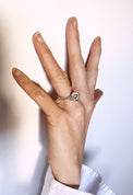 Hand med en silverring med knut som poppar på handen. 