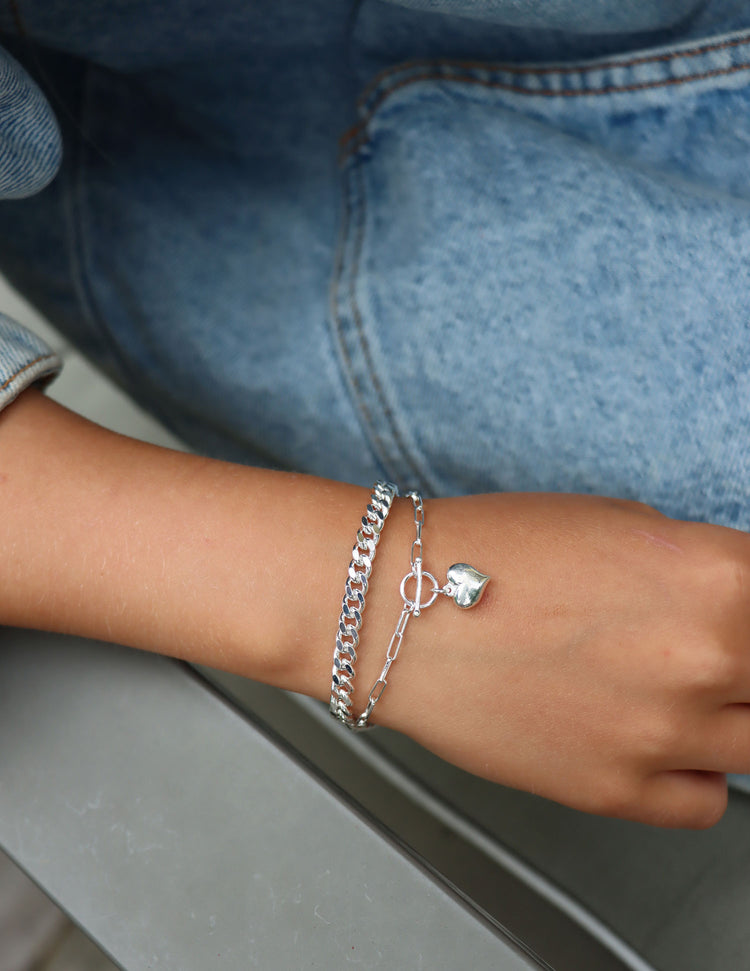 Dome Heart Chain Armband, Silber